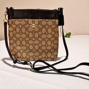 Coach Jacquard Signature Canvas Crossbody with Dark Brown Leather Trim